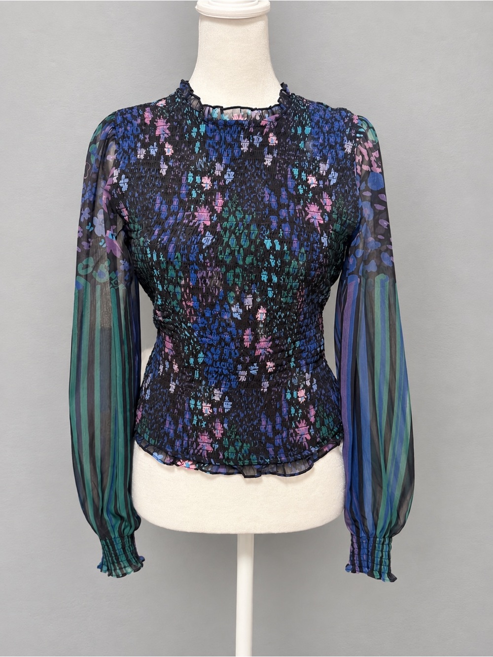 Desigual Women’s M Sheer Floral Blouse Smocked Body Bishop Sleeve Artsy Boho